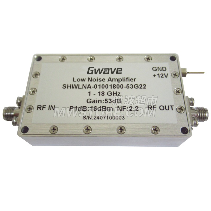 低噪声放大器 频率范围：1-18GHz 增益: 53dB typ P1dB: 16dBm typ 噪声系数：2.2dB typ